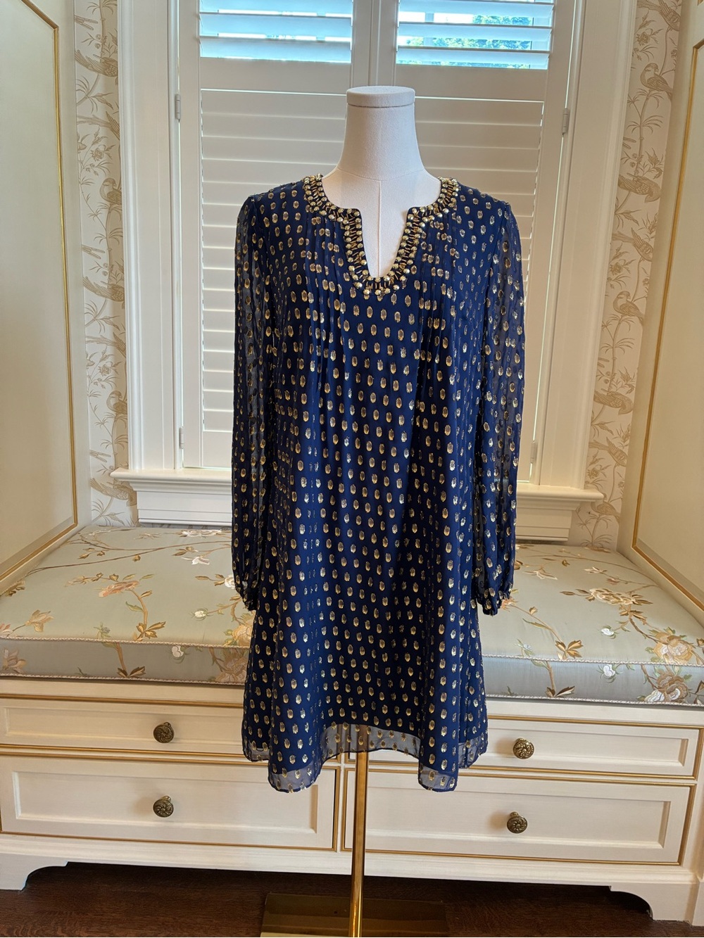 Lilly Pulitzer Colby Silk Navy Blue & Gold Tunic Dress with Beaded Neckline